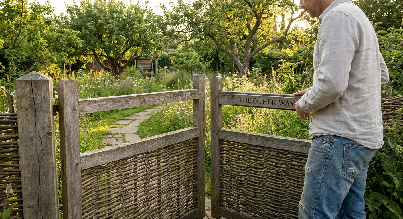 A person opening a wooden gate into a sunlit garden, representing an alternative financial path.