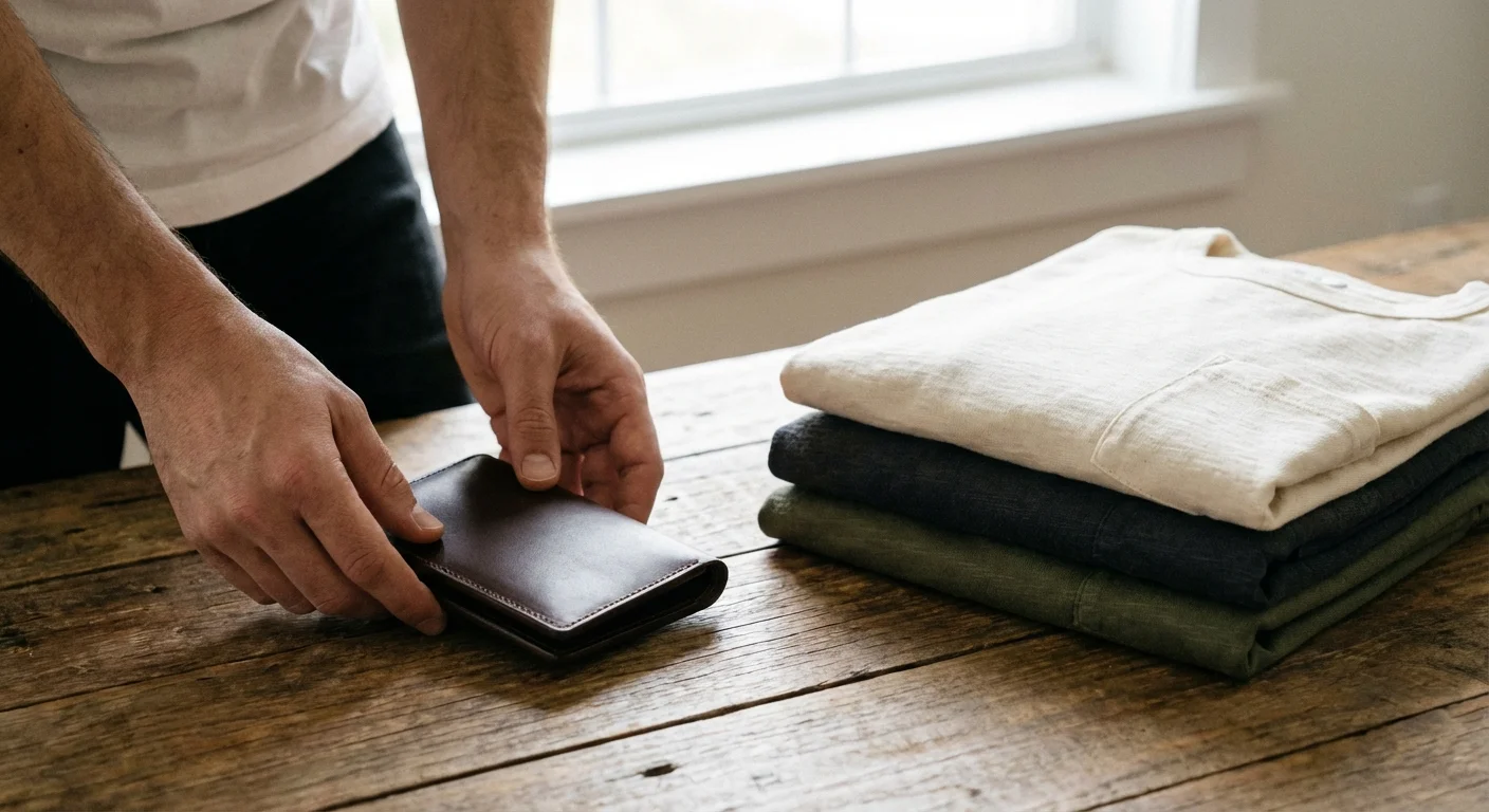 A leather wallet next to neatly folded high-quality shirts on a wooden surface.