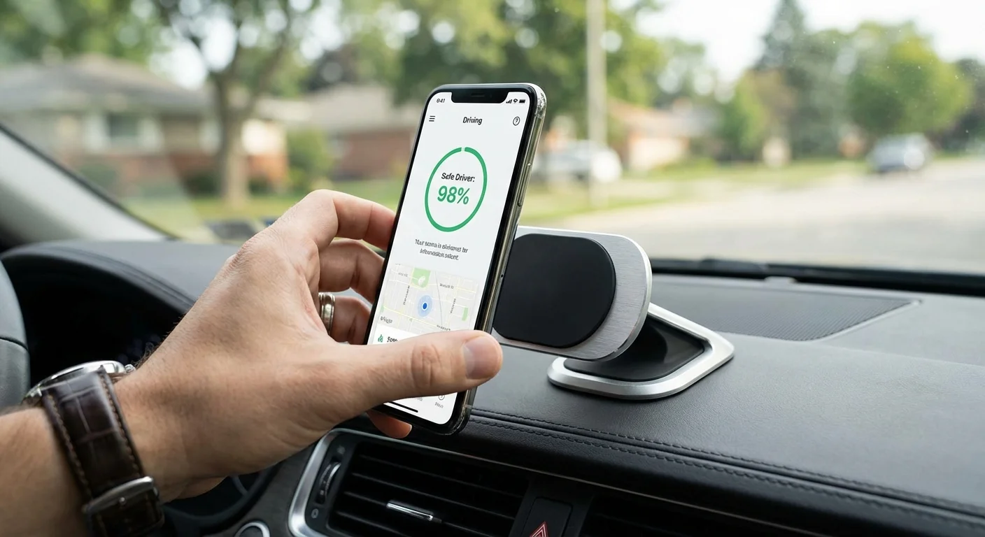 A smartphone displaying a driving safety app mounted on a car dashboard.
