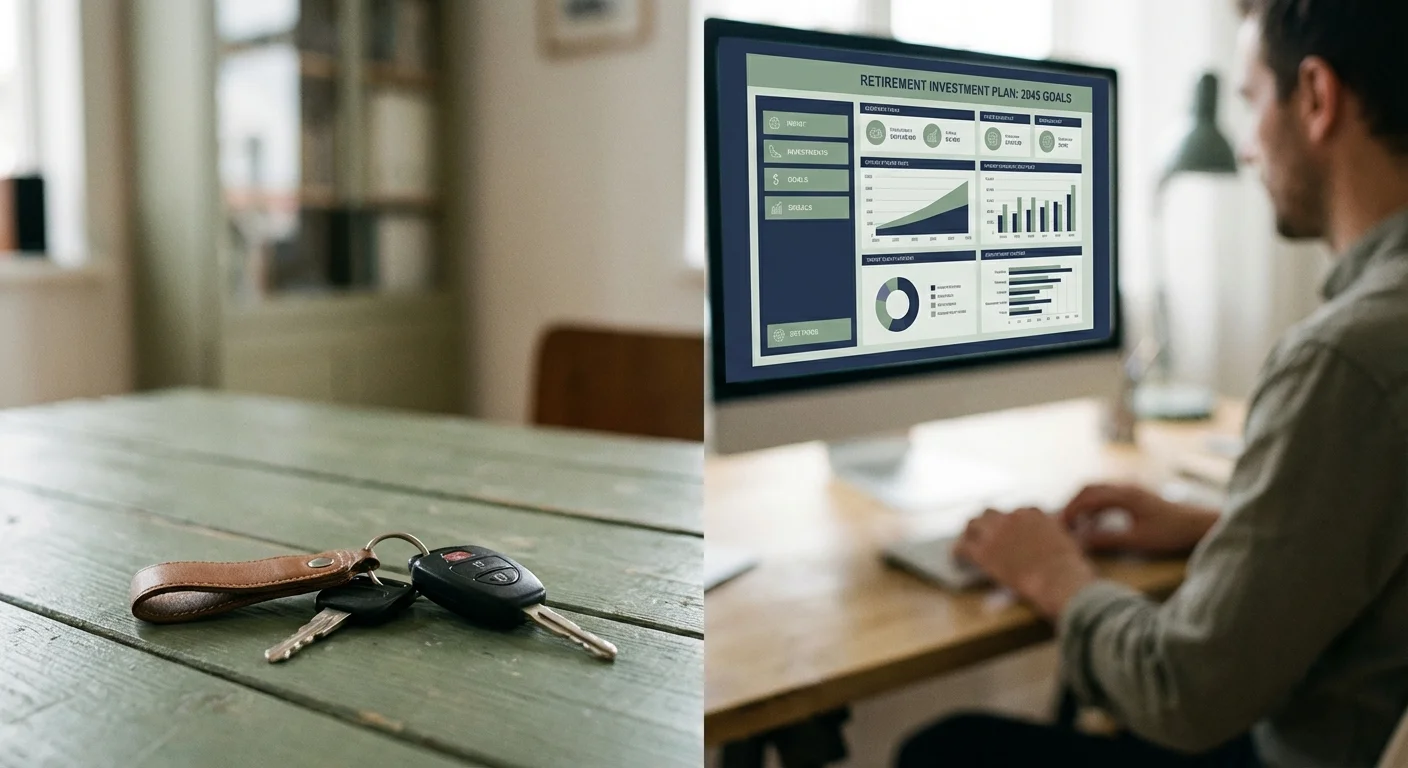 Car keys in the foreground with a blurred computer screen showing investment growth in the back.
