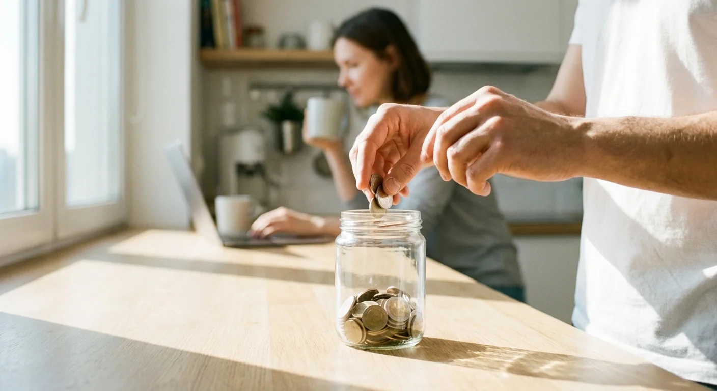 Close-up of coins being saved in a glass jar, symbolizing the low fees of index funds.