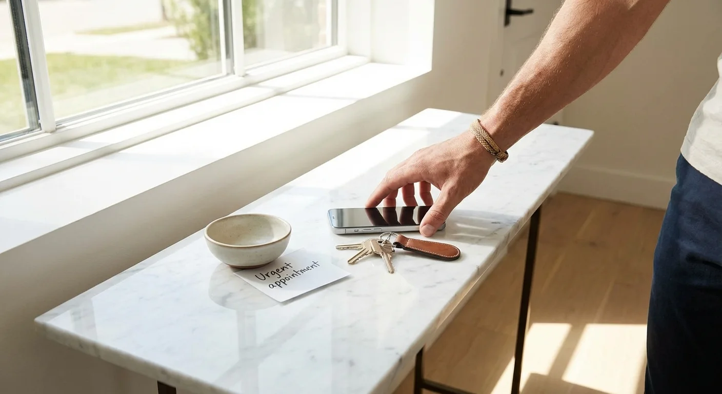 A hand picking up car keys and a smartphone from a white marble table.