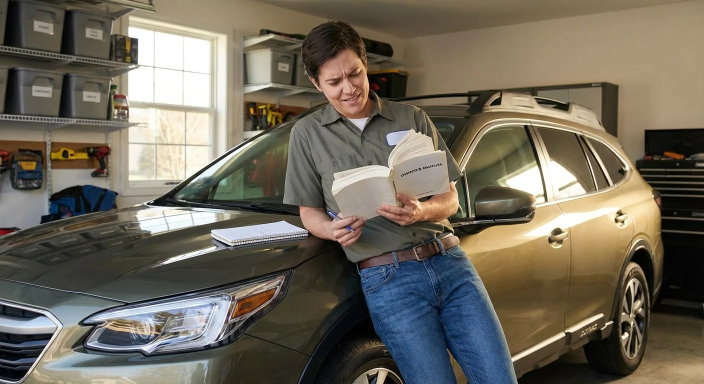 A person carefully reading a car owner's manual in a bright garage.