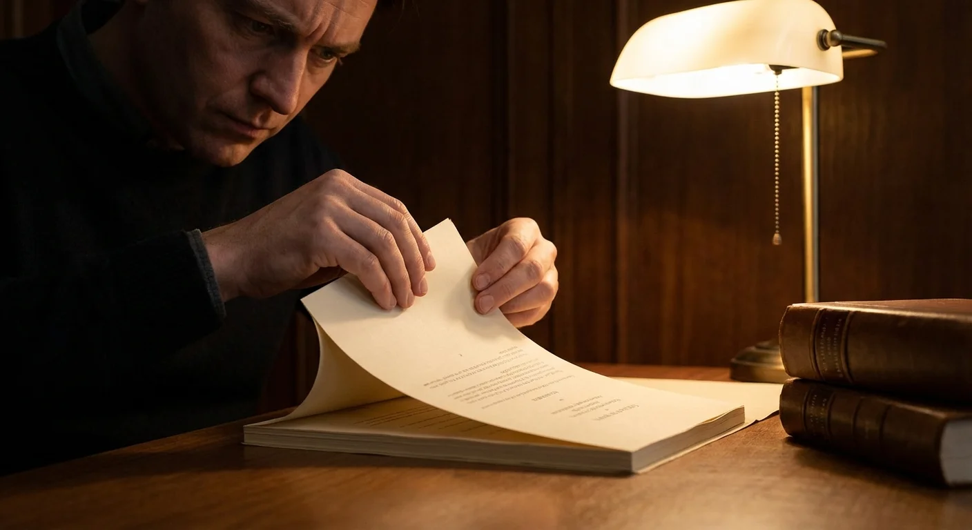 A person carefully handling financial documents with a focused expression.