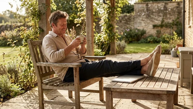 A man relaxes on a wooden patio chair in a sunny garden, drinking coffee.