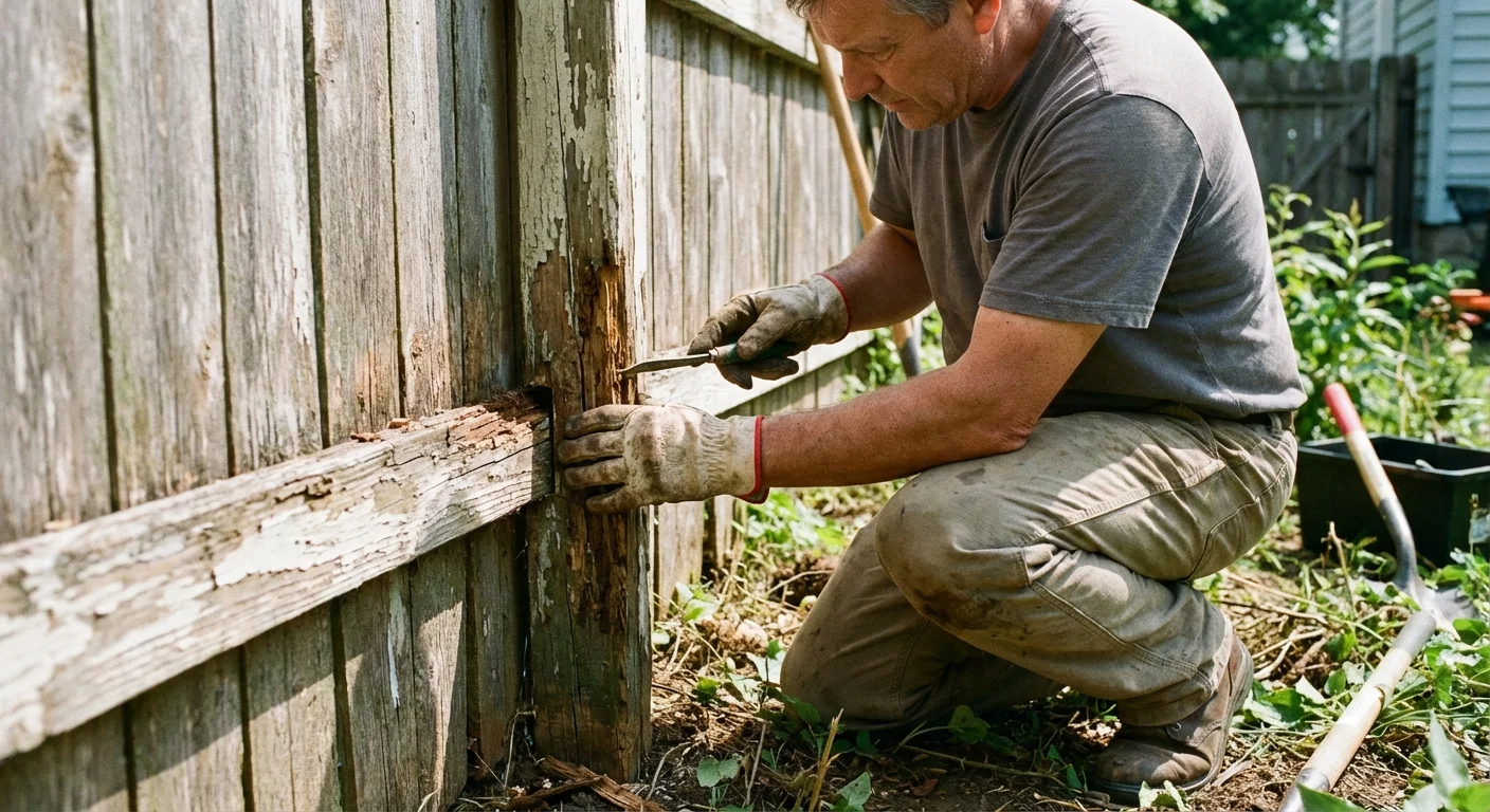 A homeowner inspecting a fence in their backyard.