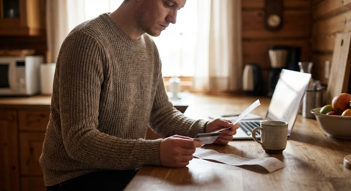 A person carefully reviewing a shopping receipt at a kitchen counter.