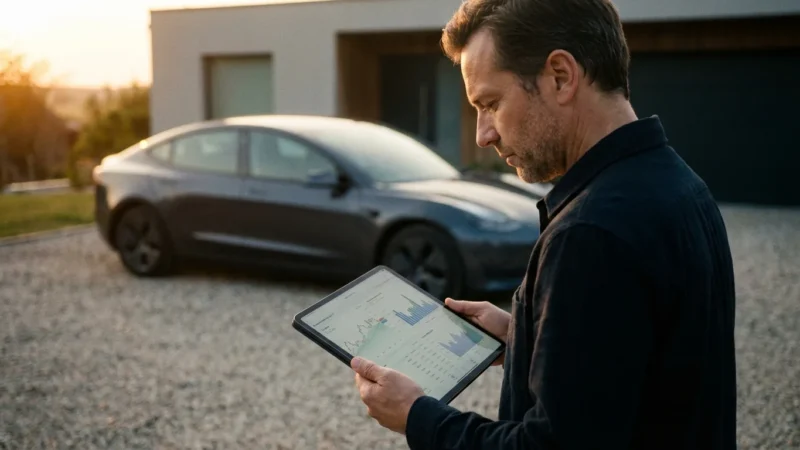Man reviewing data charts on a tablet in a driveway with an electric car