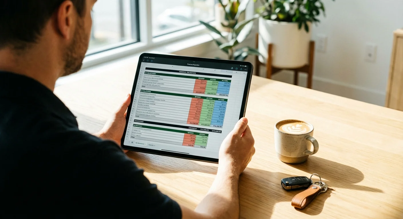 A person reviewing financial data on a tablet next to car keys on a wooden table.