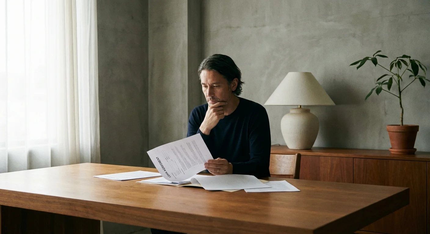 A person thoughtfully reviewing a document at a desk.