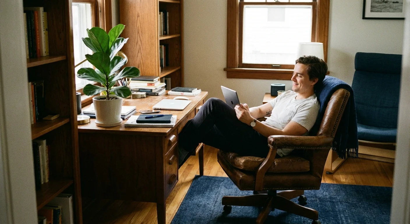 A person in a home office looking at a tablet with a potted plant on the desk.
