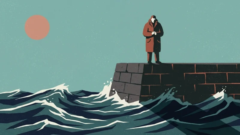 Man in a long coat standing on a stone pier with crashing waves and sun