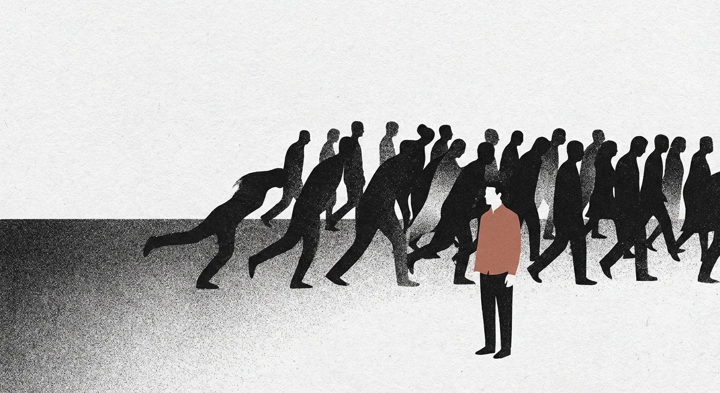 A single person standing still while a crowd runs in the opposite direction, symbolizing avoiding herd mentality.
