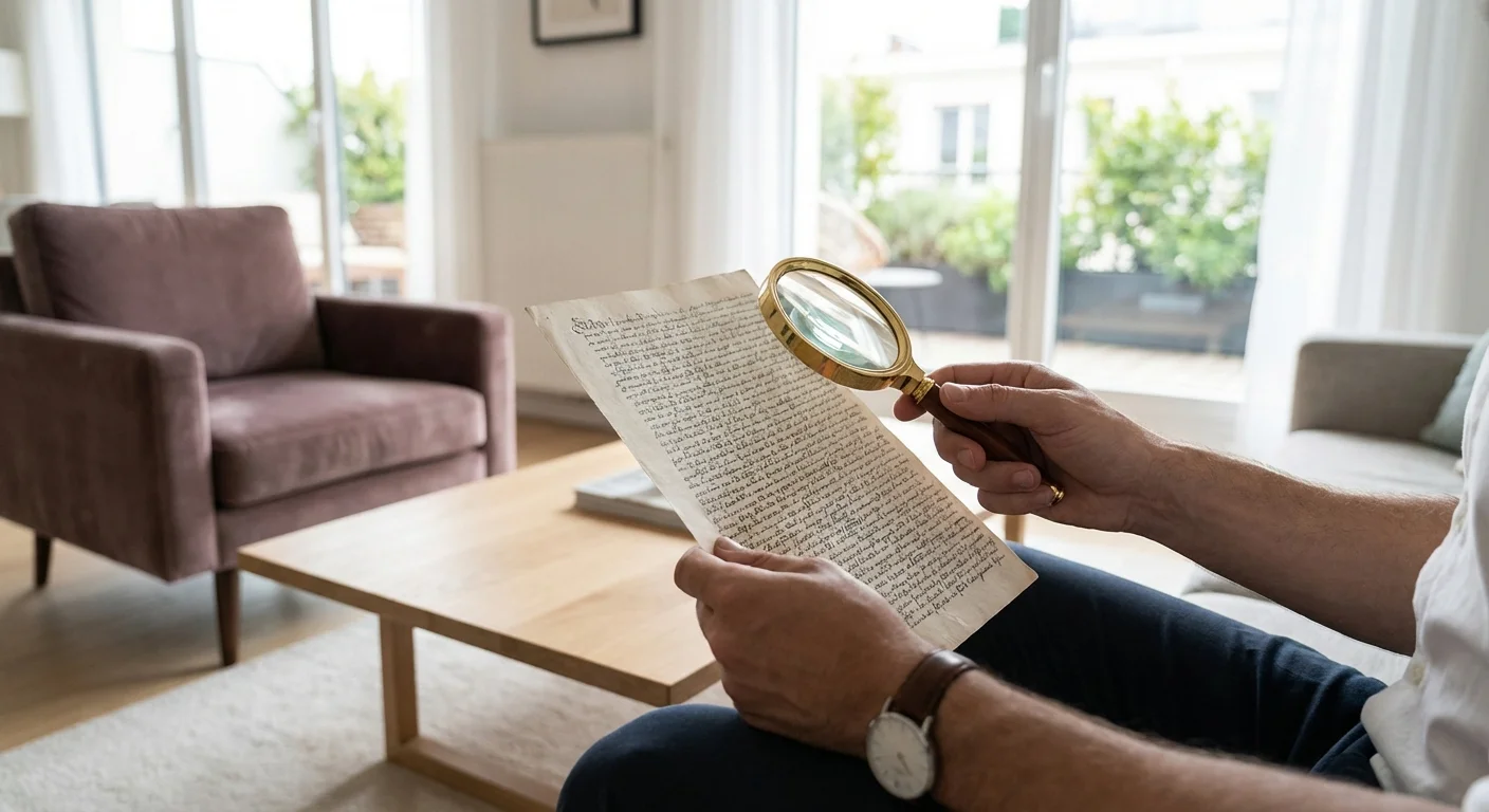 Hands holding a magnifying glass over a document to see details.