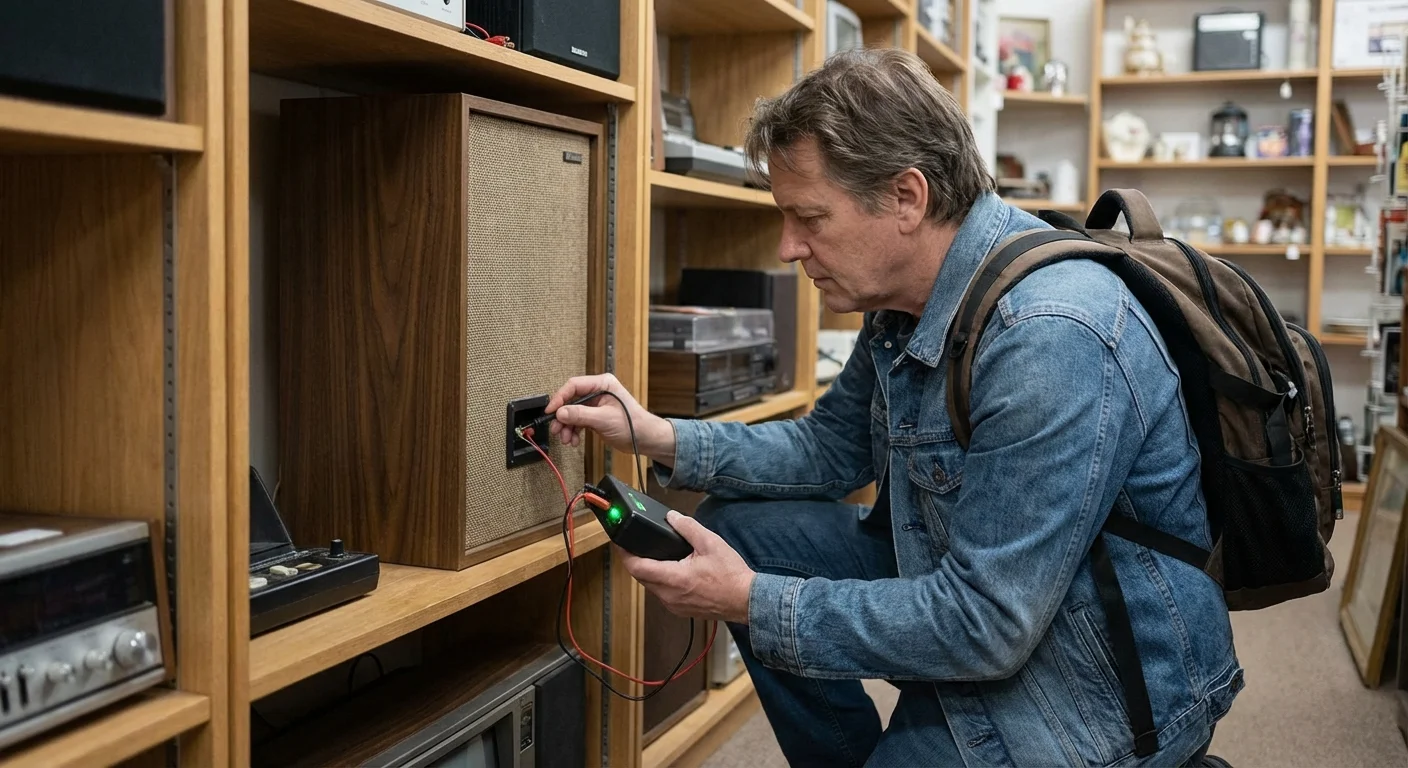 Testing a used electronic speaker in a store using a portable battery.