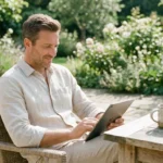 Smiling man in a linen shirt using a tablet on a sunny garden patio