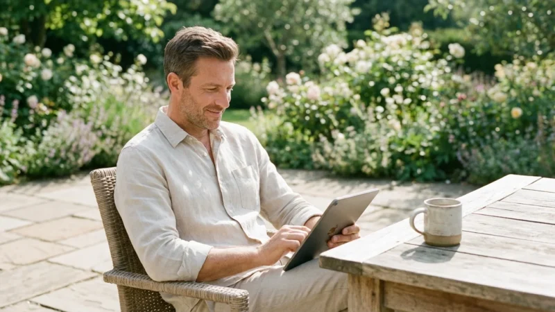 Smiling man in a linen shirt using a tablet on a sunny garden patio