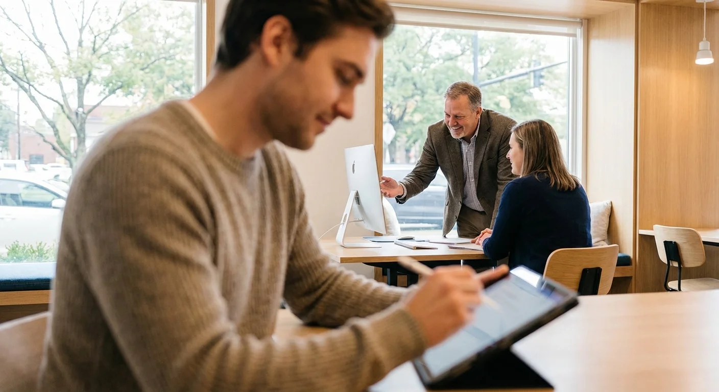 A person using a tablet next to a blurred background of a tax consultation.
