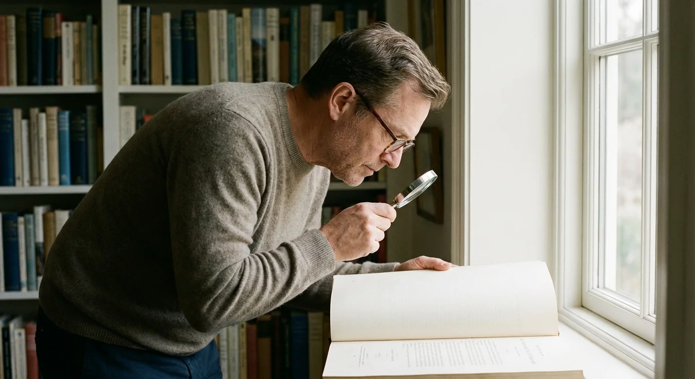 A man carefully reading a document by a window with a focused expression.
