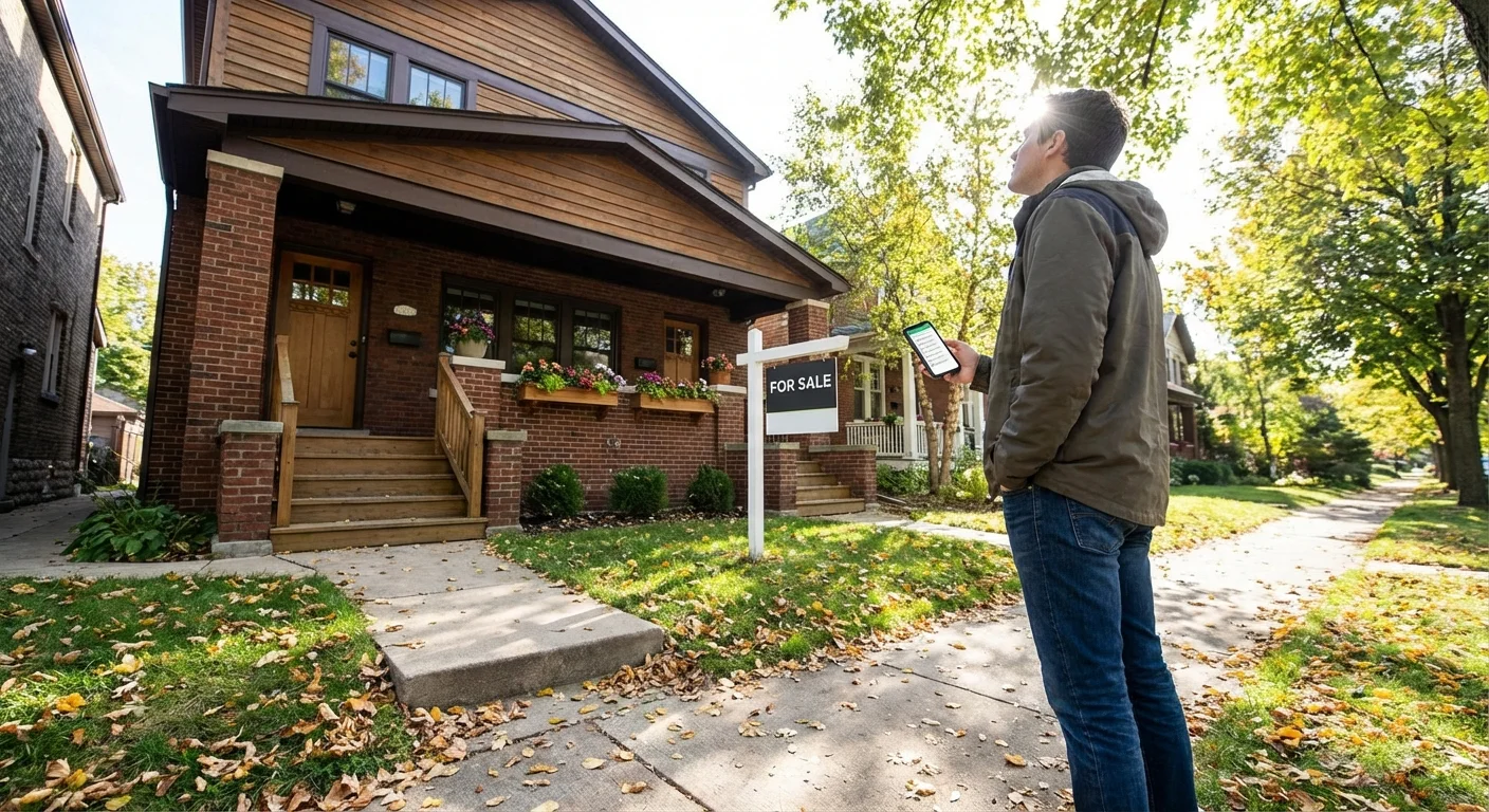 An investor looking at a duplex while checking their smartphone.