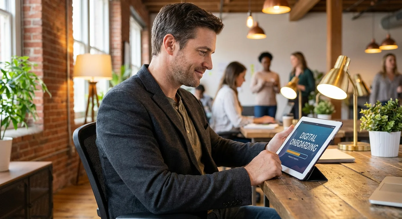 A man reviewing documents in a modern office, representing the 401(k) enrollment process.