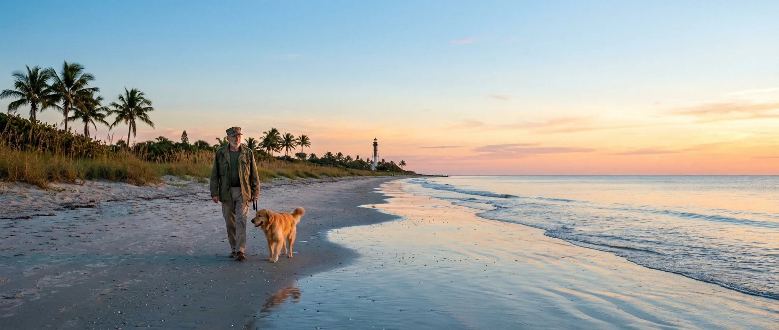 A man walking his dog on a beach at sunrise, representing the lifestyle in tax-friendly states.