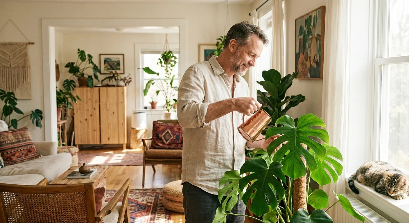 A man watering a houseplant in a bright, stable home environment.