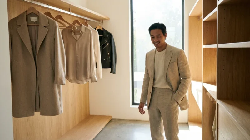 A smiling man wearing a beige linen suit stands in a minimalist wooden walk-in closet.