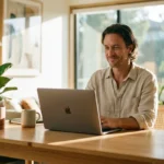 Smiling man using a laptop at a wooden desk in a bright, modern home office.