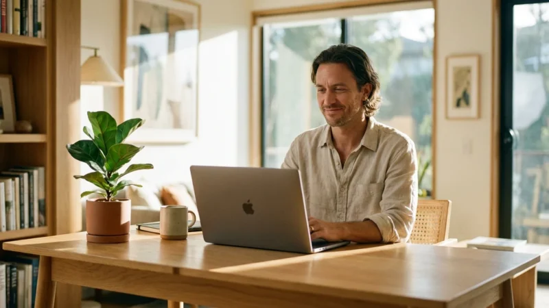 Smiling man using a laptop at a wooden desk in a bright, modern home office.