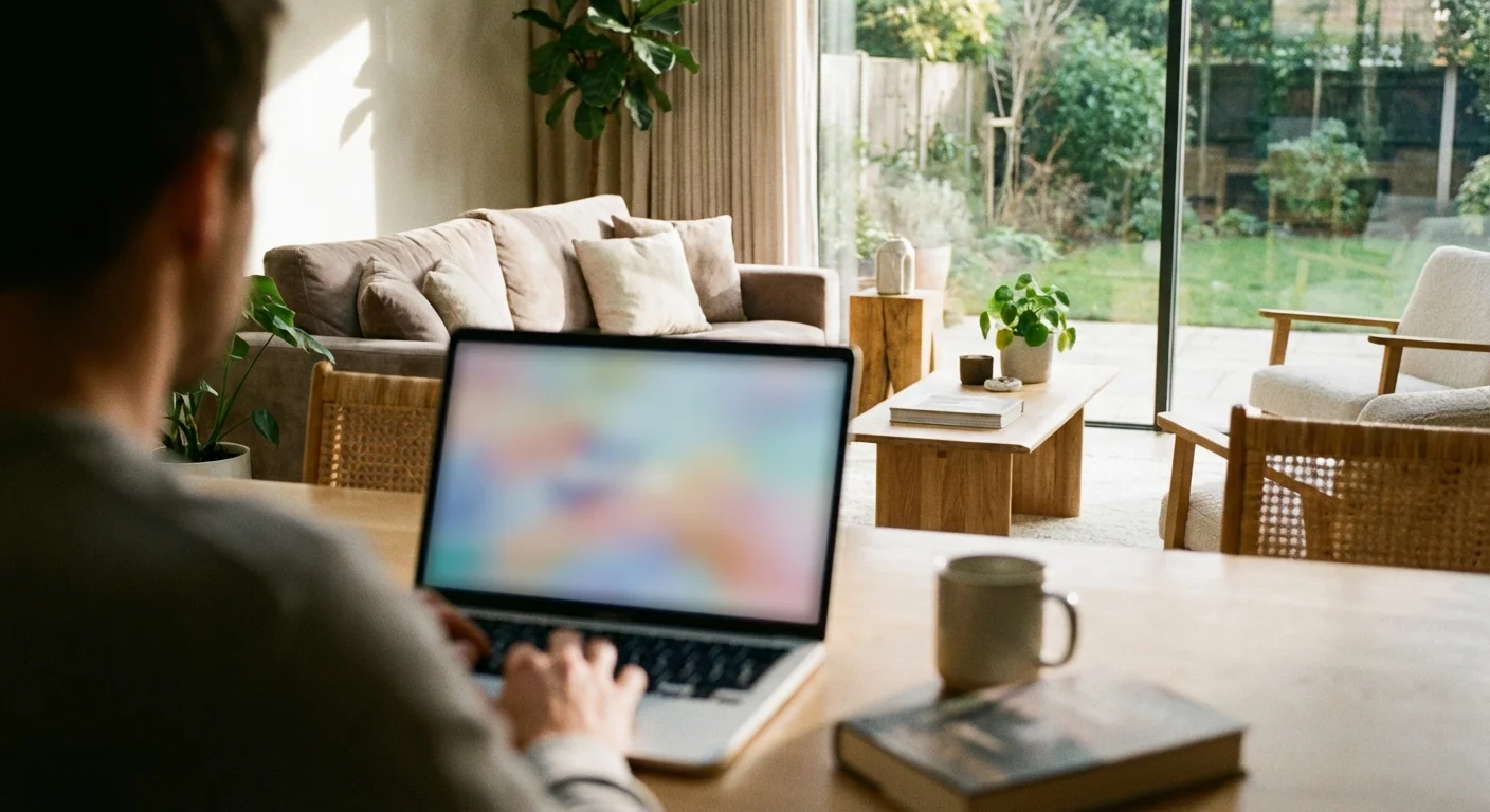 Over-the-shoulder view of a person using a laptop in a bright living room.