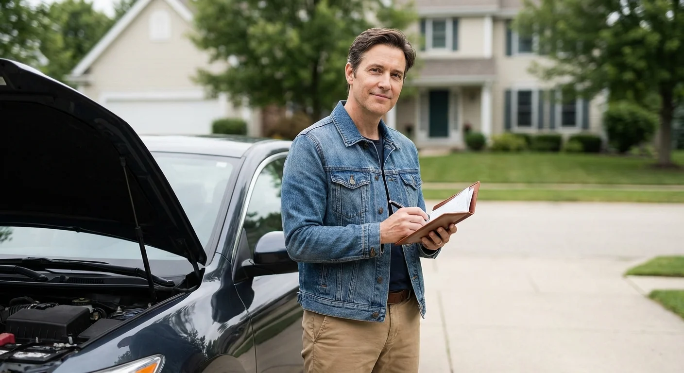 A person calmly prepares to pay for a car repair using a checkbook, representing financial liquidity.