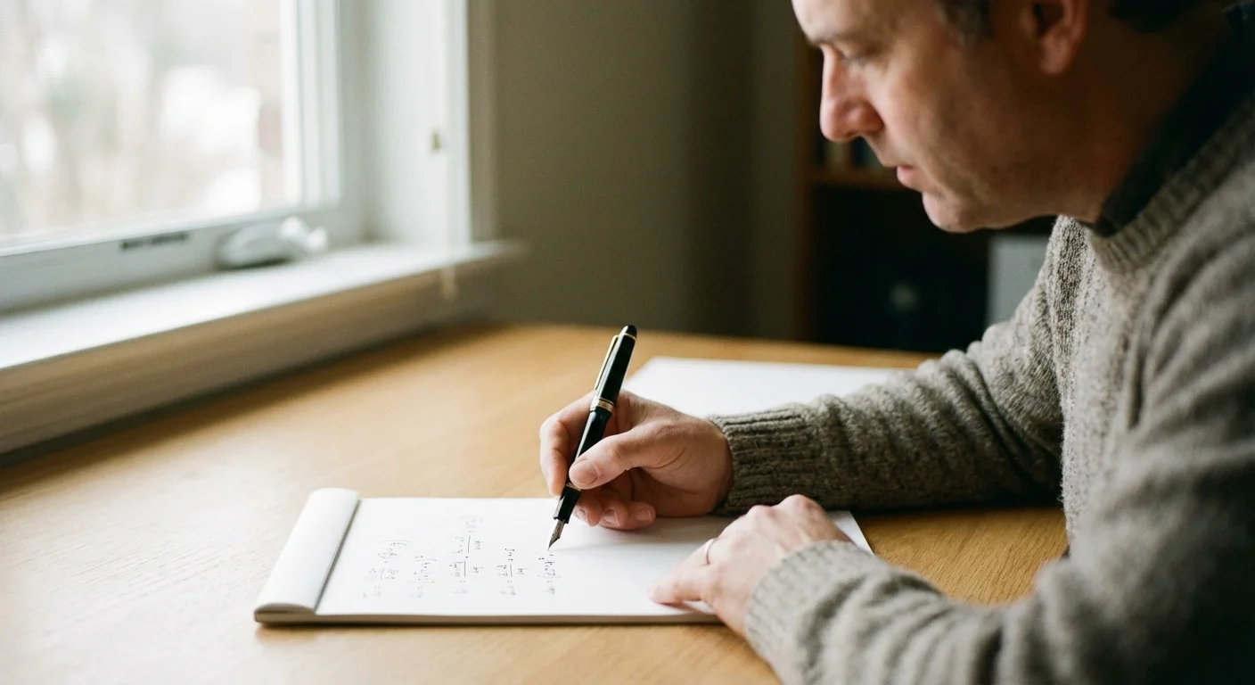 A person calculating financial figures on a notepad in a home office.