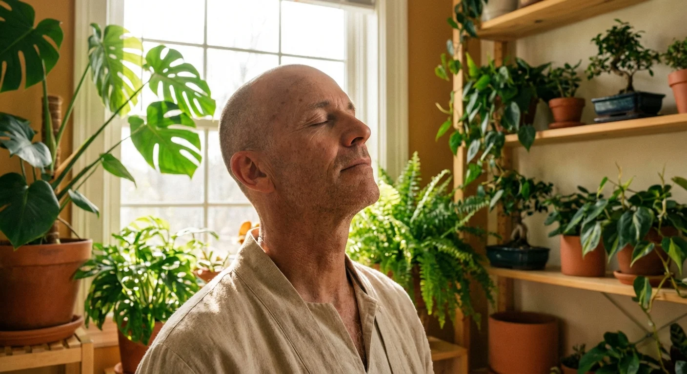 A man taking a deep breath in a peaceful room, symbolizing the psychological shift from investment fear to discipline.