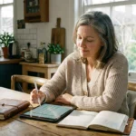 Mature woman using a stylus on a tablet at a sunlit wooden kitchen table