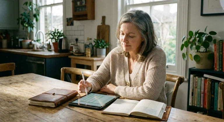 Mature woman using a stylus on a tablet at a sunlit wooden kitchen table