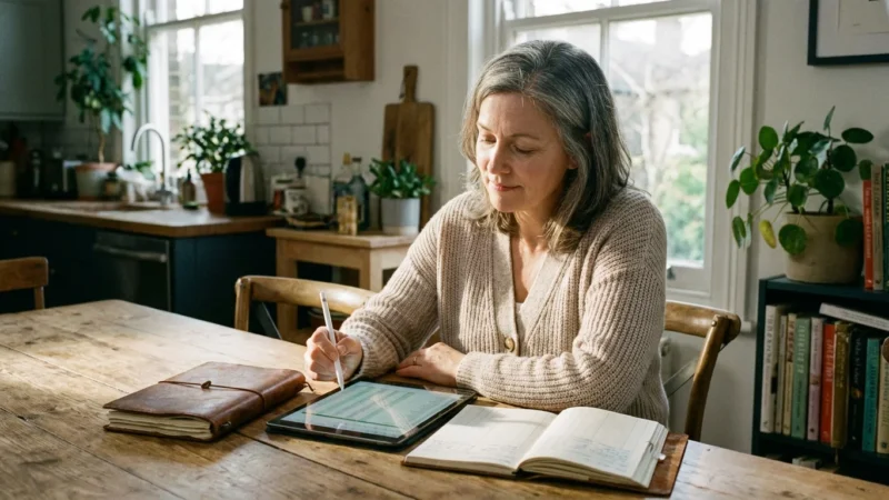 Mature woman using a stylus on a tablet at a sunlit wooden kitchen table