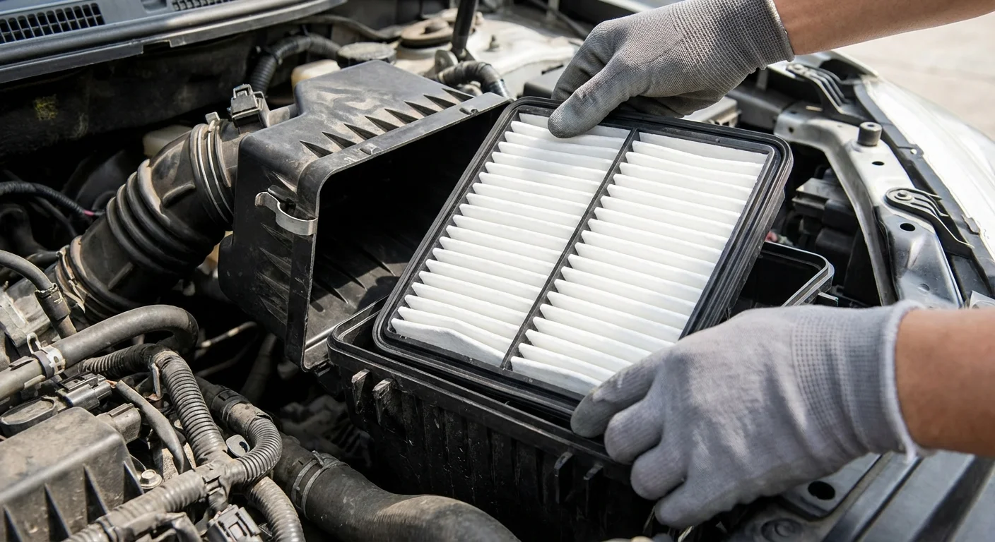 Hands installing a new white engine air filter into a car's engine compartment.