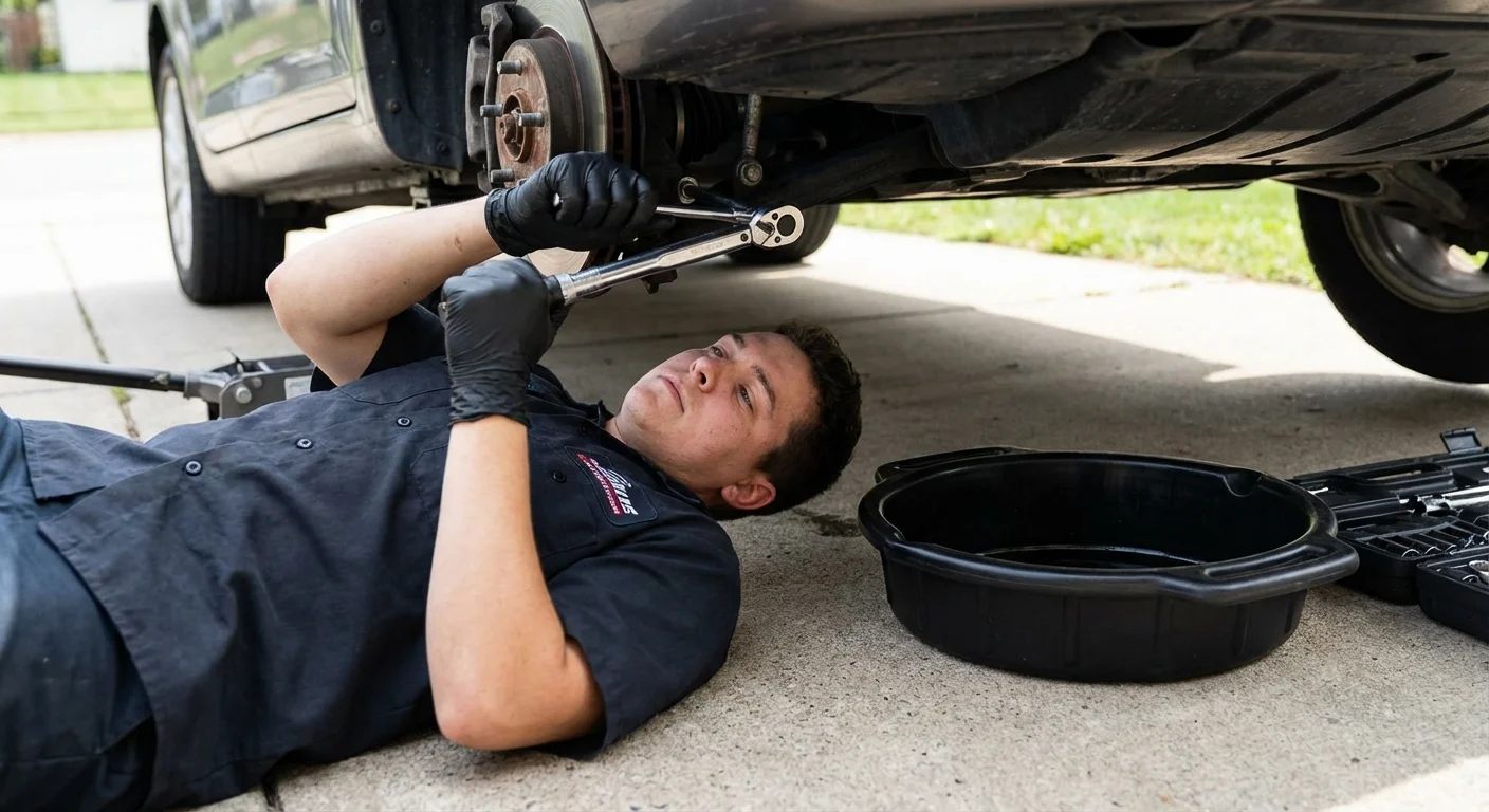 A person wearing gloves using a wrench under a car for an oil change.