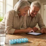 A senior couple smiling while looking at a tablet in a bright kitchen, representing financial relief and healthcare planning.