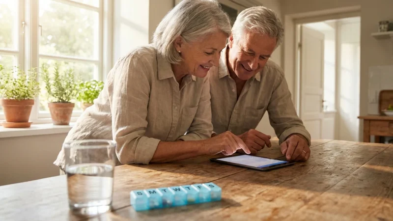 A senior couple smiling while looking at a tablet in a bright kitchen, representing financial relief and healthcare planning.