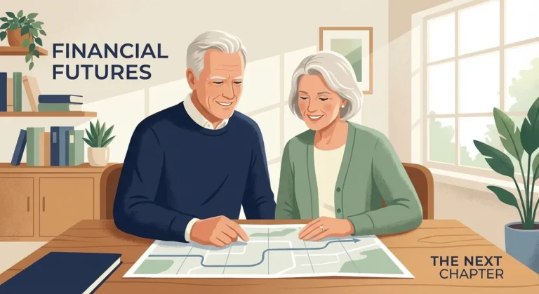 A retired couple confidently reviewing a financial roadmap in their sunlit home office.
