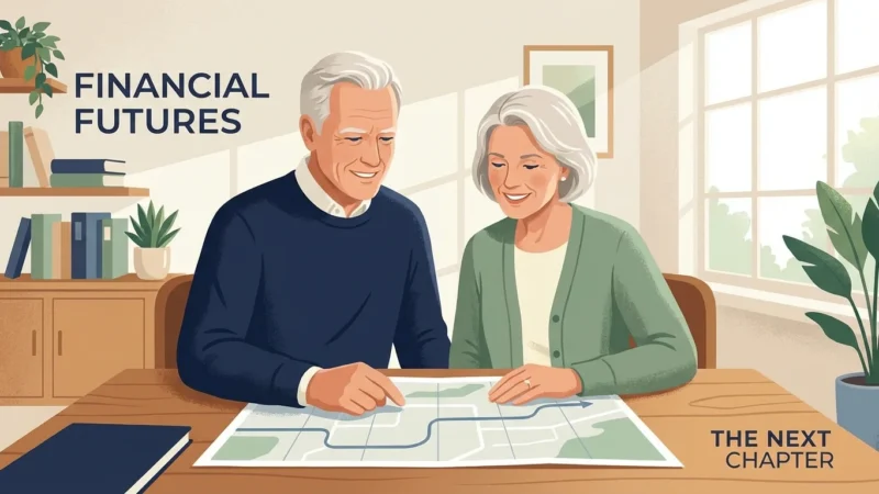 A retired couple confidently reviewing a financial roadmap in their sunlit home office.