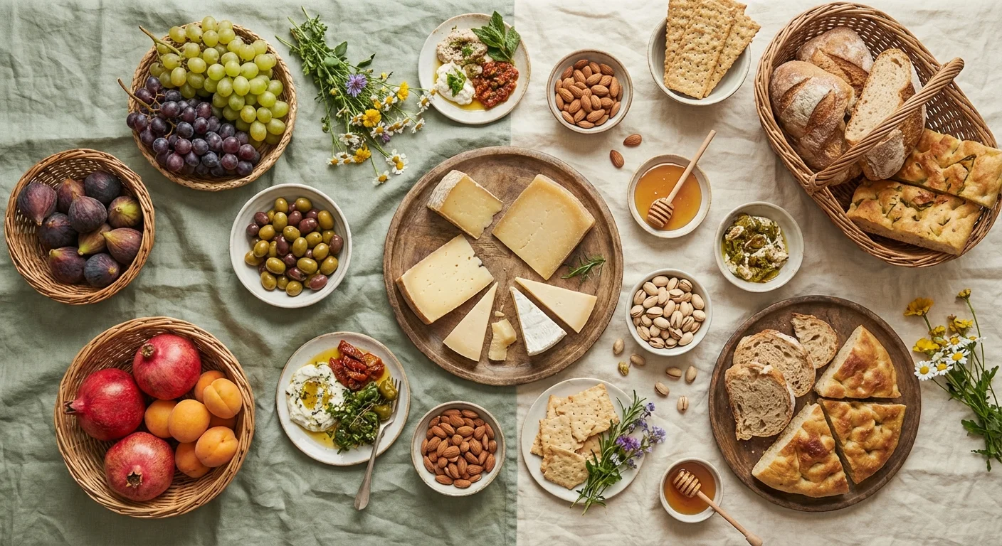 A diverse and abundant picnic spread on a linen cloth, representing the safety of investment diversification.