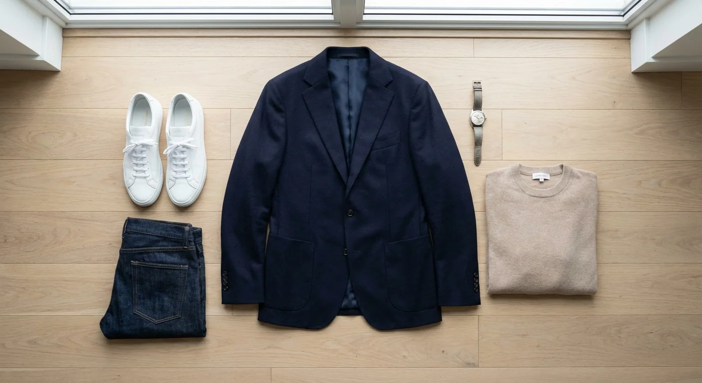 A flat lay of essential wardrobe items including a blazer, jeans, and sneakers on a wood floor.