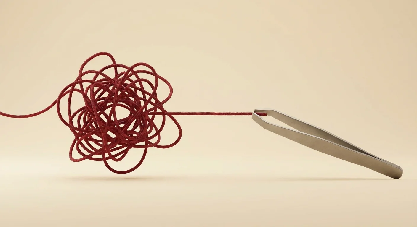 3D render of a tangled red thread being straightened, representing fixing mistakes.