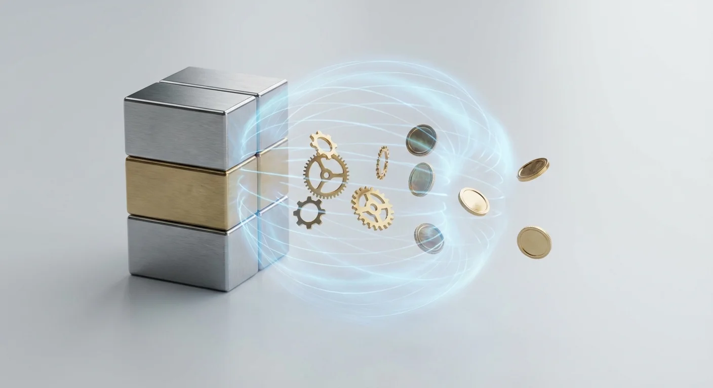 3D render of golden coins and gears moving away from a central asset, symbolizing investment costs.