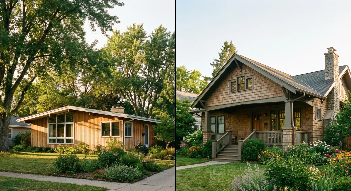 Two different types of modest, charming suburban homes.