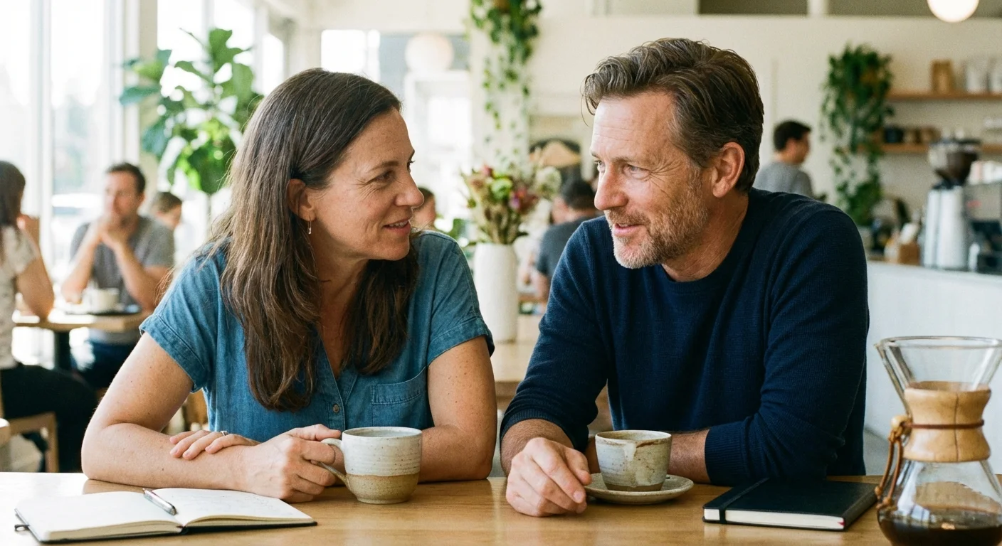 Two people in a positive discussion at a bright cafe.