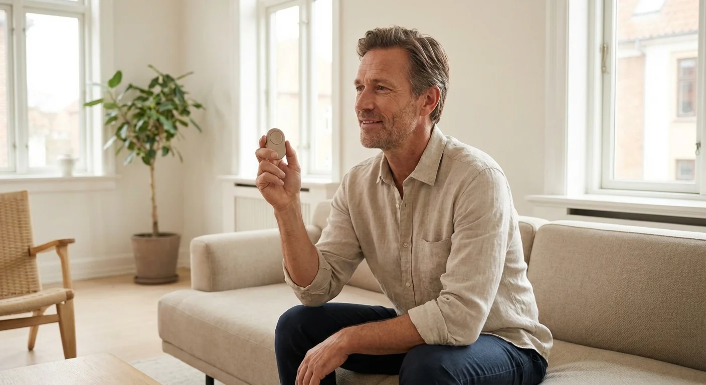 A man looking relieved while holding a single TV remote in a clean room.